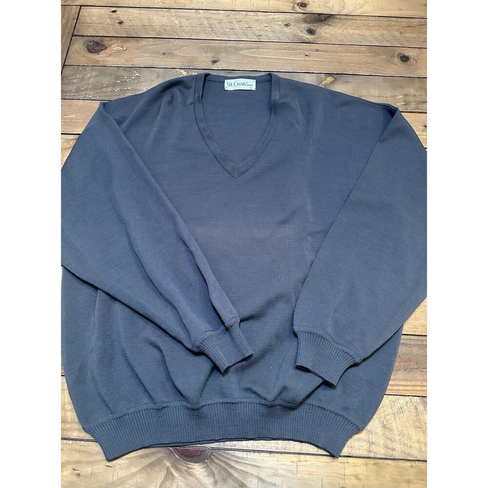 VTG St Croix Shop Sweater Mens L Black Lightweight 100% Wool Pullover V Neck USA